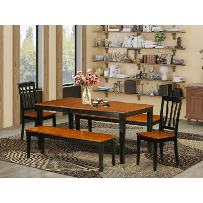 5 Piece Dinette Set for 4 Includes a Rectangle Dining Table with Butterfly Leaf and 2 Dining Chairs with 2 Benches, Black & Cherry