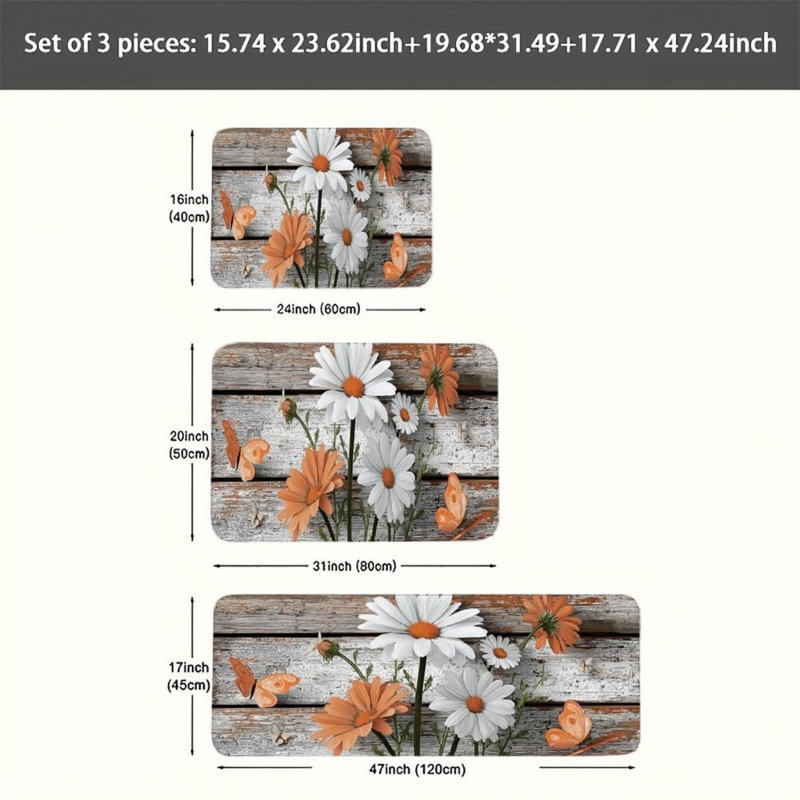 Ensemble de 3 tapis orange et blanc avec motif de marguerites et papillons pour cuisine et porche