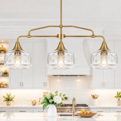 Applique murale dorée à 3 lumières pour îlot de cuisine avec abat-jour en verre transparent à motifs