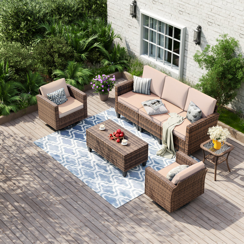 Ensemble de conversation en osier pour 5 personnes avec table de rangement et table d'appoint Kisner, Beige