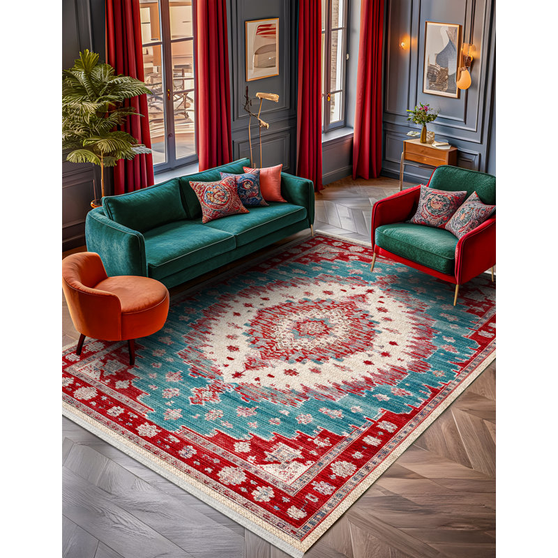 Gulustan Blue Red Oriental Machine Printed Cotton Polyester Area Rug, Rectangle 6'7" x 9'11"