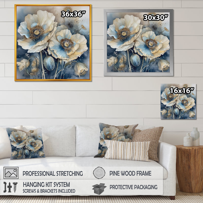 «Blue Poppy Serenity I», reproduction sur toile, H 24 po x l 24 po x P 1 po, Cadre simple noir