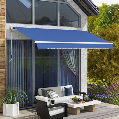 Auvent rétractable bleu foncé 12 pi x 10 pi, manivelle manuelle, tissu 280G / M et eau, structure en aluminium pour terrasse, balcon, béton extérieur, brique, surfaces en bois