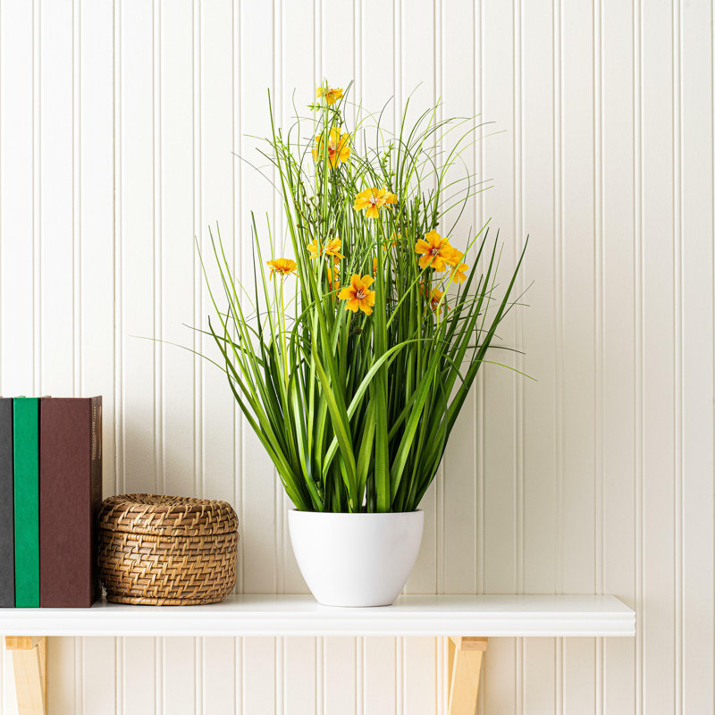 Artificial Potted Yellow Cosmos and Green Grass., 22.5" H x 8" W x 8" D