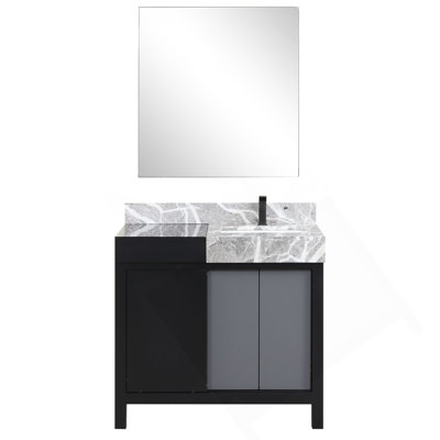 Black And Grey Bath Vanity 36 In. W X 22 In. D, Castle Grey Marble Top, Gun Metal Faucet Set And 30 In. Mirror