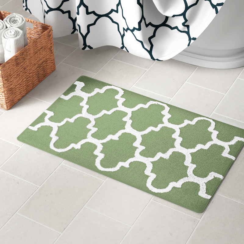 Anastatia Cotton Non-Slip Bath Rug, 50" x 30", Sage Green/White