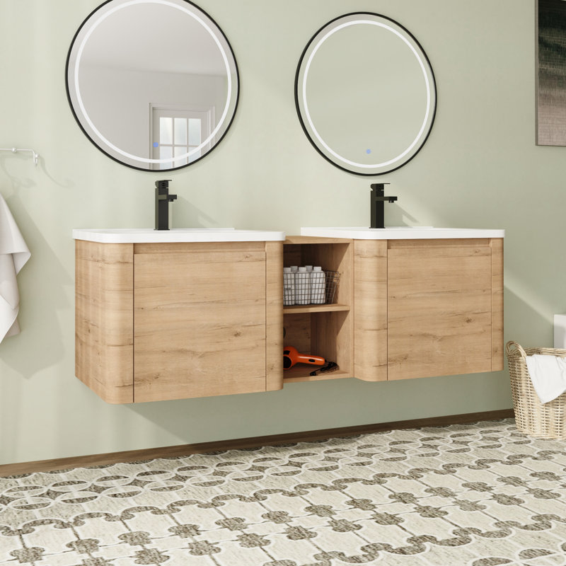Meuble-lavabo mural flottant avec plateau en céramique, 60"