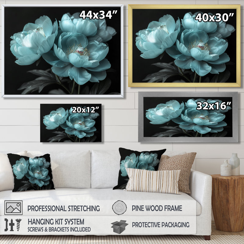 «Blue Monochon pivoines Natures Nuance II», impression d'art mural pivoines, Cadre noir, H 12 po x l 20 po