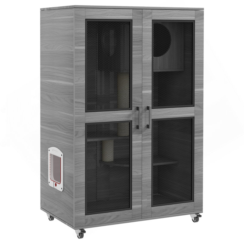 Luxury Cat House with Wheels, Kitty Cage Catio Villa for Indoor Cats with Scratching Posts, Condo, Flap Door, and Cushion