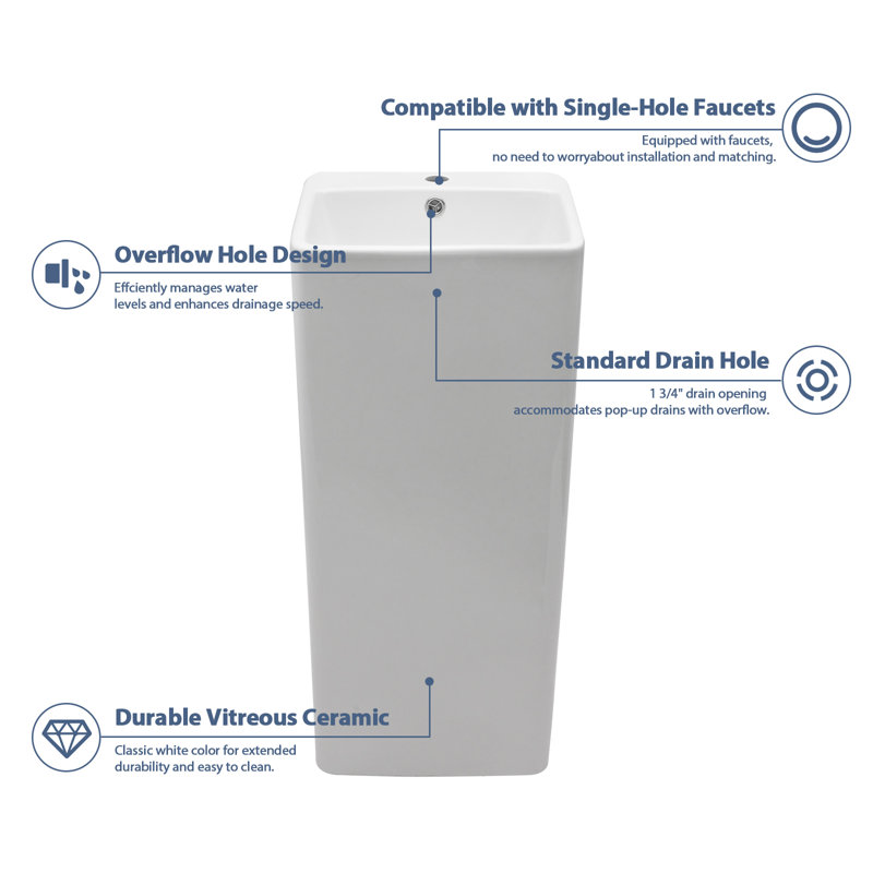 33" Tall Rectangular Ceramic Pedestal Bathroom Sink with Fauce Hole and Overflow