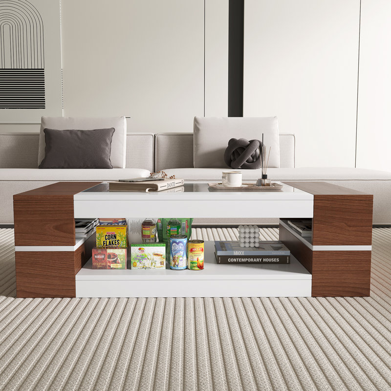 Emilly High Glass Coffee Table Business Modern Style with Storage, White/Brown
