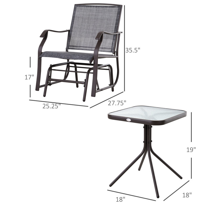 Outdoor Glider Chair With Coffee Table - Gray, 2 Rocking Chairs Breathable Mesh For Garden And Porch 3 Piece Package & Chairs. Gray. Textile, Robust Glass Table. For Backyard, Porch. Steel