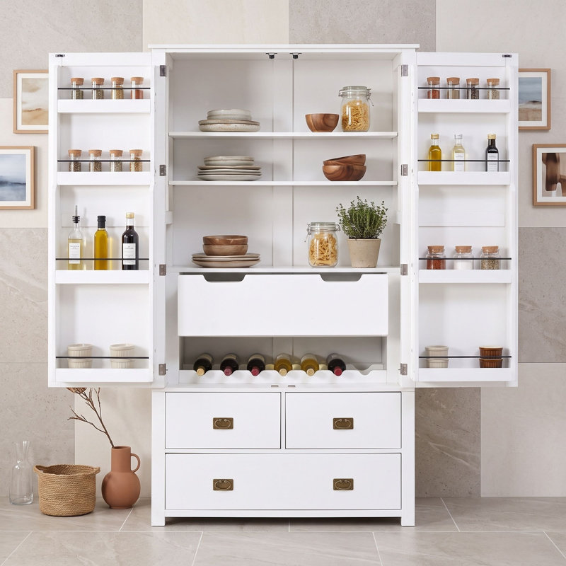 Meuble de cuisine avec 4 tiroirs, 8 tablettes de porte, casier à vin intégré et tablettes ajustables pour salle à manger