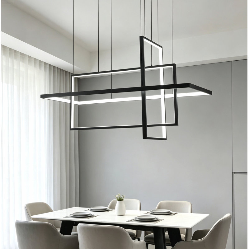 Lustre linéaire moderne à 3 lumières DEL avec tiges de suspension réglables en hauteur et rosace pour plafond incliné, noir mat