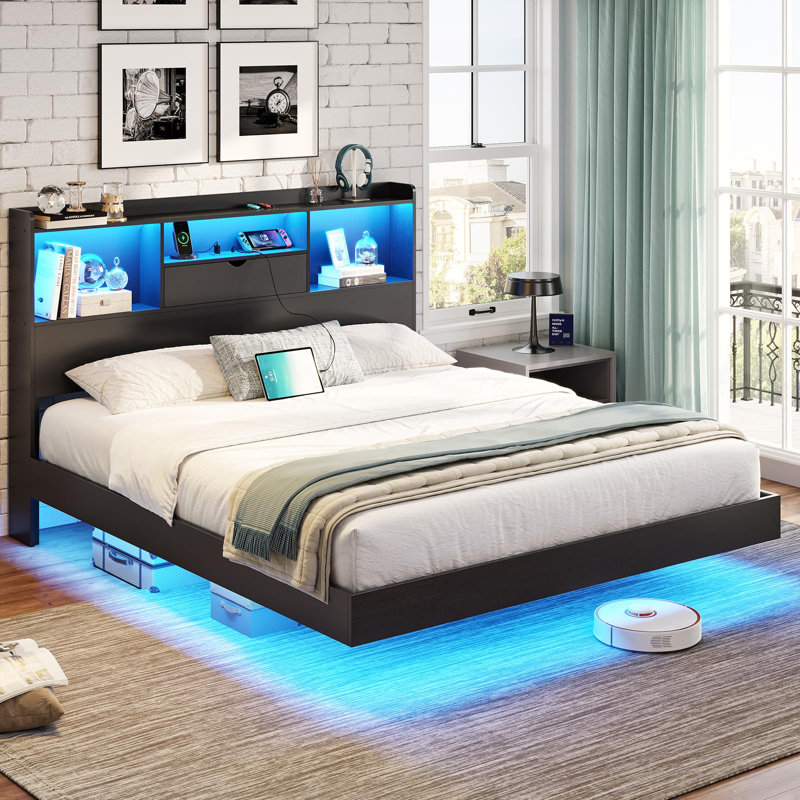 Queen Floating Bed Frame With Led Lights And Headboard Storage, Visual Floating Bed With Charging Station, Structurally Stable Queen Metal Platform Bed, Easy To Assemble