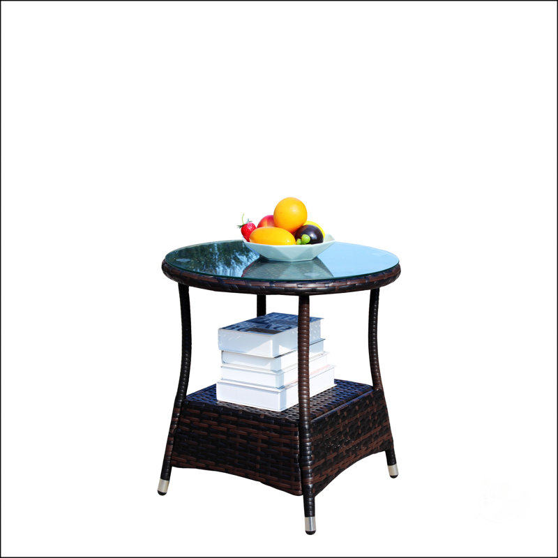Stylish Round Wicker Coffee Table With Clear Tempered Glass Top For Outdoor Patio Use