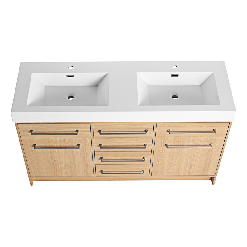 Meuble-lavabo autoportant avec lavabo double en résine, Chêne
