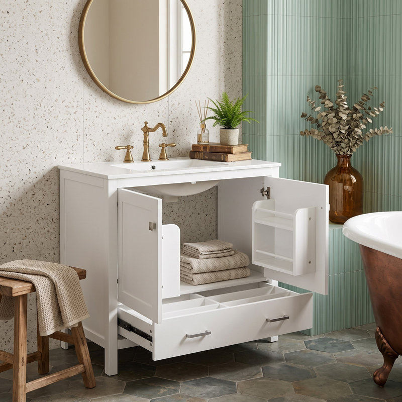Armoire de salle de bain autoportante verte avec plateau en céramique, organisateur de porte et tiroir de séparation, Blanc