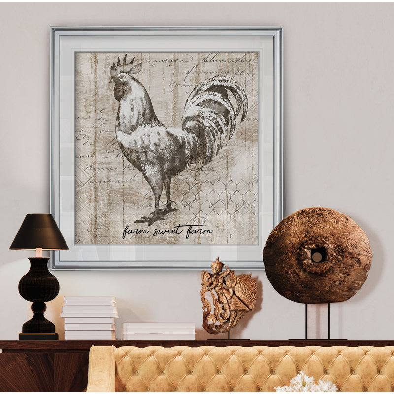 « farm coq », peinture, H 16 po x l 16 po x P 2 po, Cadre argenté