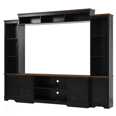 Meuble audio-vidéo l 98,8 po avec bibliothèque pour téléviseur de 80 po ou moins, meuble télé moderne avec armoires et tablettes réglables pour le salon