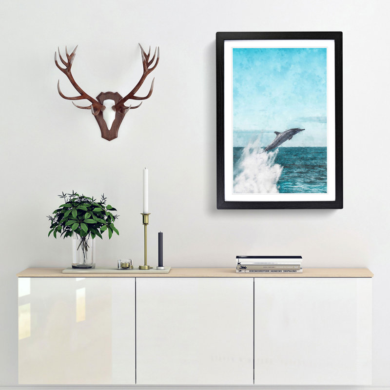 Jumping Dolphin - Single Picture Frame Painting on MDF, Black Framed, 63cm H x 45cm W x 2cm D