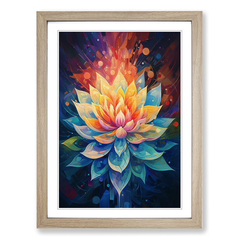 Lotus Flower Orphism - Single Picture Frame Print on Wood, 64cm H x 46cm W x 2cm D, Oak