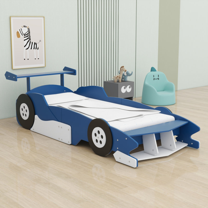 Race Car-Shaped Platform Bed With Wheels, Blue