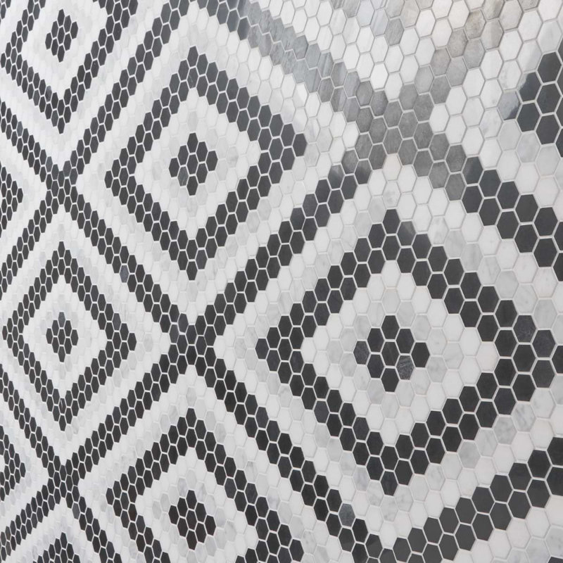 Juno 1" Diamond Hexagon Polished Marble Mosaic, Black/White