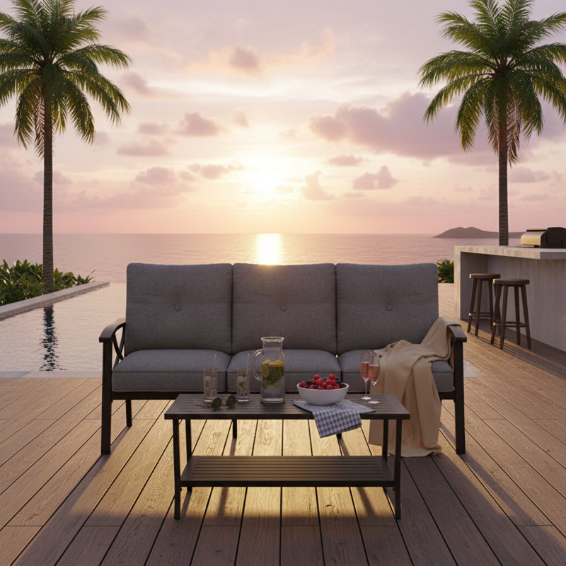 2 Piece All-Weather Outdoor Patio Set with Metal Sofa and Rectangular Coffee Table, Khaki Frame and Gray Cushions, Gray, Gray