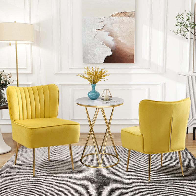 Accent Side Chair With Gold Legs, Yellow Velvet