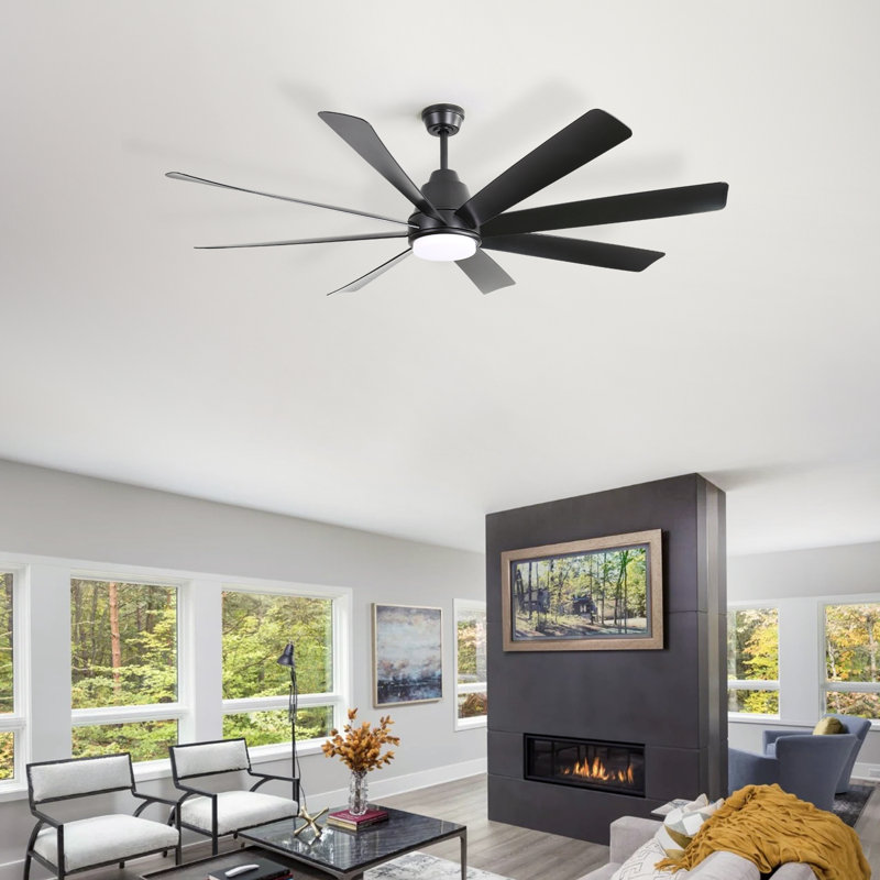  72-Inch 8-ABS Blade Large Modern Black Ceiling Fan With Light, Remote Control, And Timing Function