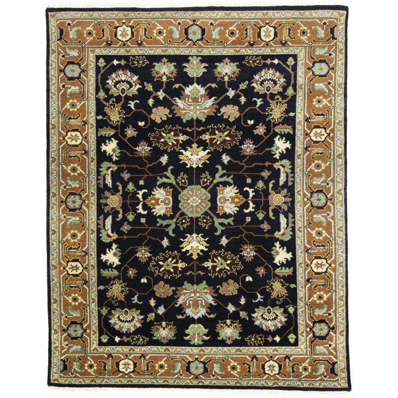 Shireena Oriental Hand-Knotted Rectangle 7'9" x 9'10" Wool Area Rug in Navy