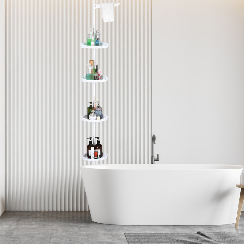 Corner Shower Caddy Tension Pole, 4-Tier Adjustable Shelves Bathtub Storage Organizer with Rubber Pad