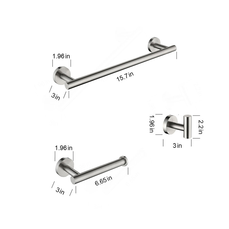 3-Pieces Bathroom Hardware Accessories Set - Towel Bar, Toilet Paper Holder, Robe Towel Hooks, Brushed Nickel