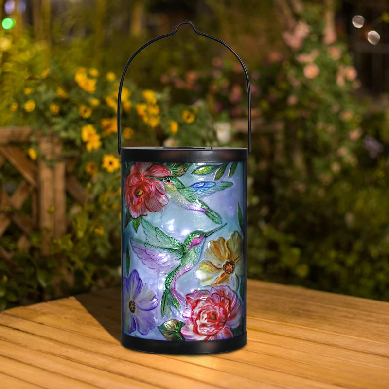Lanterne suspendue d'extérieur, lanterne solaire, colibri et lanterne à motif de fleurs avec lumière DEL, lanterne décorative pour jardin, patio, ambiance de jardin