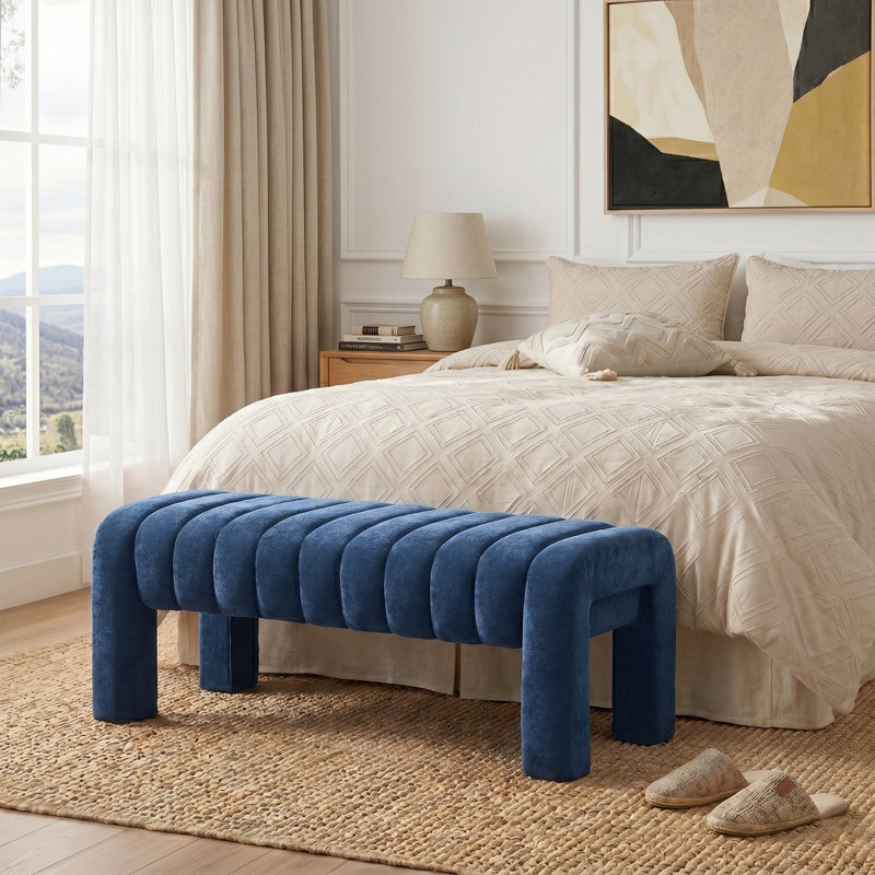 Banc rembourré sans dossier Oyan, H 17 po x l 43,3 po x P 17,3 po, Chenille bleu