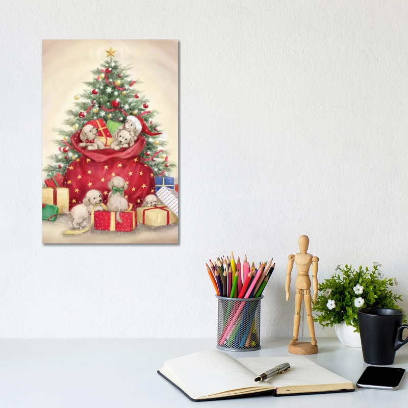 Christmas Puppies by MAKIKO - Wrapped Canvas Painting, 20.32 cm H x 30.48 cm W