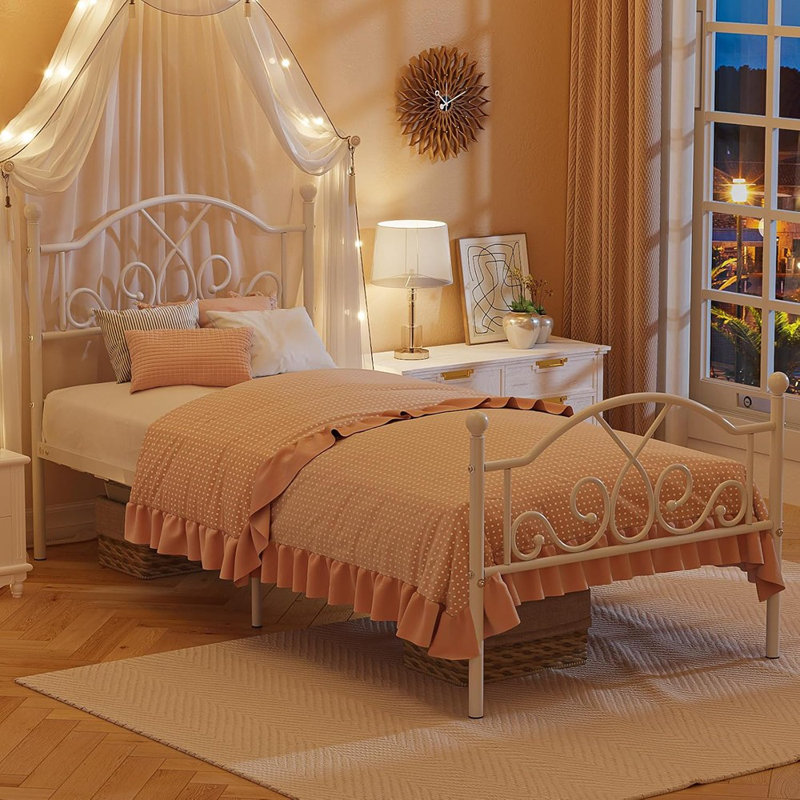 Structure de lit simple, structure de lit simple en métal pour enfants, pas de sommier simple avec tête de lit et pied de lit uniques, espace de rangement de 11,23 pouces - blanc