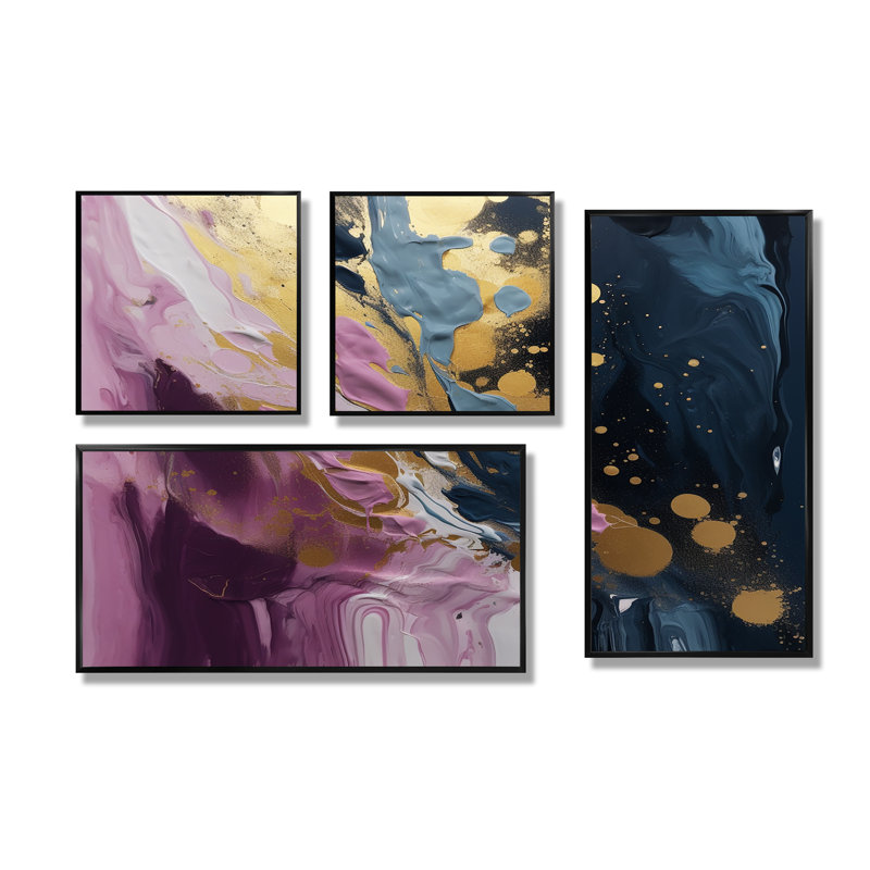 Mauve et bleu mouvements en peinture III - art mural moderne 4 pièces, Impression encadrée sans passe-partout, Noir