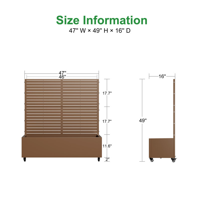 Lit de jardin en métal avec treillis et roues, H 47 po x l 47 po x P 16 po, Brun