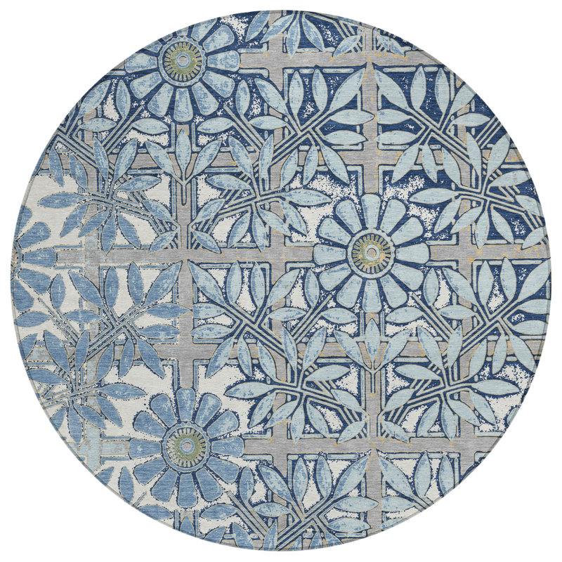 Machine Washable Indoor/Outdoor Chantille ACN2775 Floral Rug, Sky, 8' Round