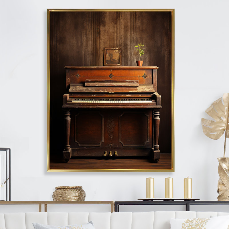 «Vintage Piano Rustic Melody II», reproduction sur toile, Cadre flottant doré, H 32 po x l 16 po x P 1 po