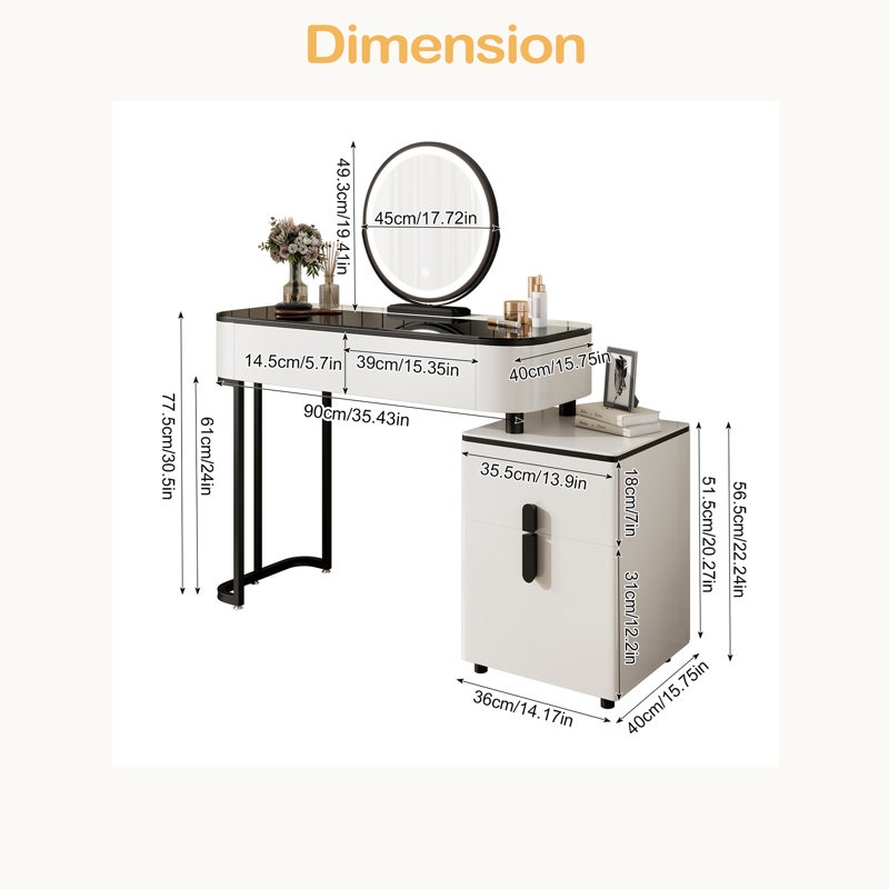 Modern Vanity Table With Tempered Glass Top, Adjustable Height Legs, Multi-Functional Storage Cabinet And Round Mirror