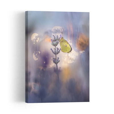 Yellow Butterfly Lavender Dream Delicate Dreamy Ethereal Butterfly Lavender Violet Flower Nature Wall Art Print 1 Piece Wrapped Canvas Wall Art