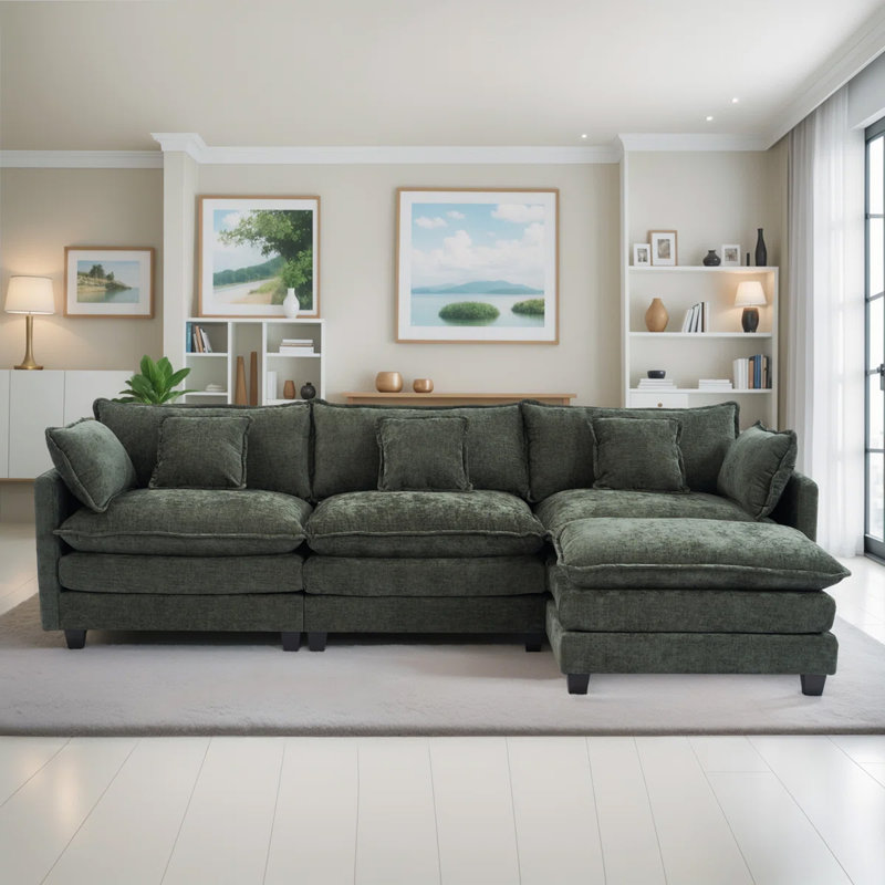 Modular Sectional Sofa, Comfy Cloud Couch With Movable Ottoman, 3-Seat Sofa Sleeper With Side Pockets, Deep Seat Sofa With Double Cushions & 5 Pillows For Living Room(112"-L Shape)