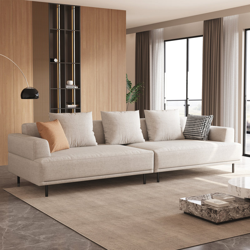 Canapé respirant en tissu de lin et de coton, structure en bois massif, coussin de siège en éponge hautement élastique, beige clair