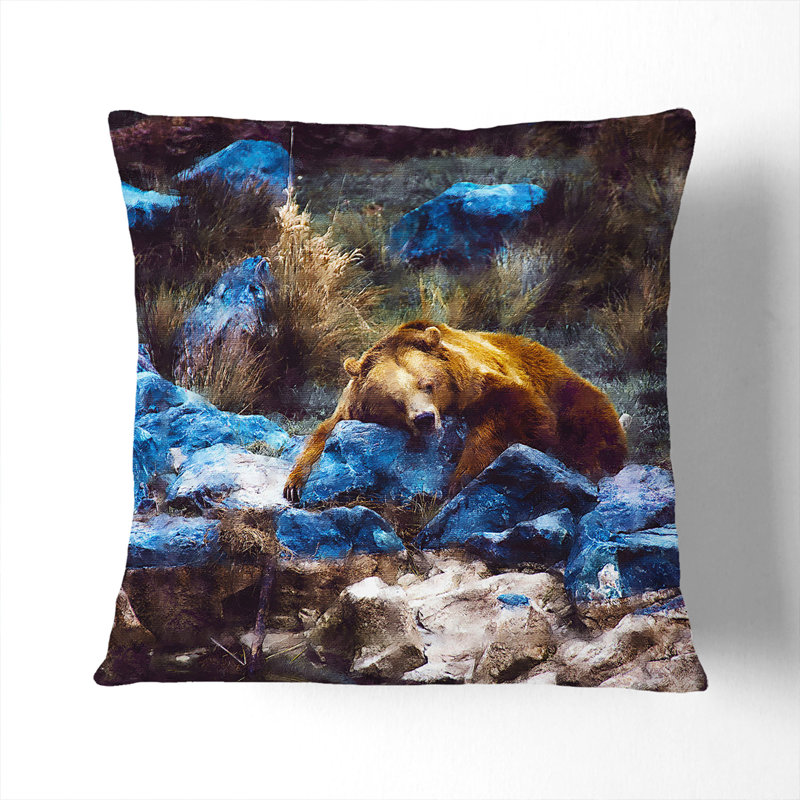 Resting Grizzly Bear Square Throw Cushion, White, 55cm H x 55cm W x 20cm D