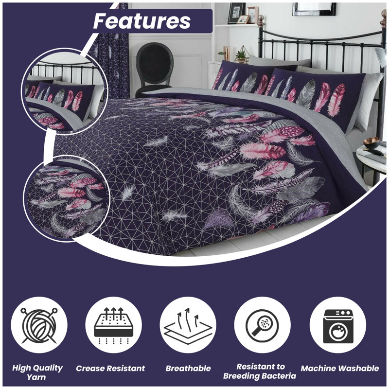 Modern Feather Design Duvet Cover Set with Matching Pillowcases - Polycotton Fabric Bedding, Double, Purple