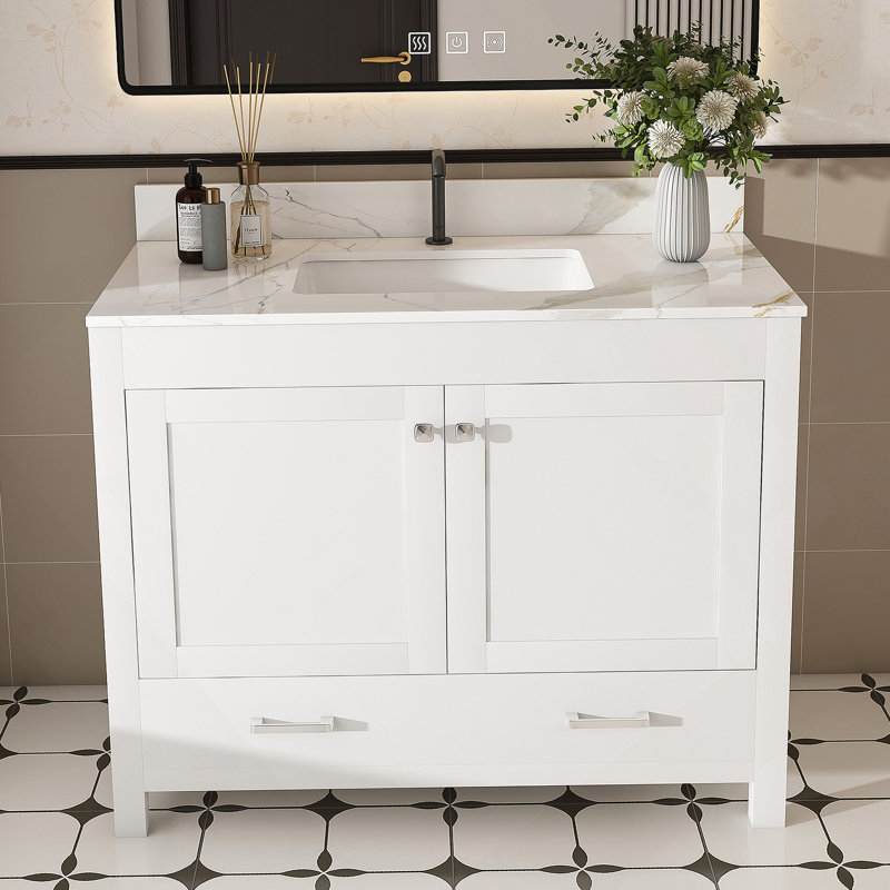 Ensemble de meuble-lavabo moderne de 43 po avec ensemble de couleurs Karalakin en marbre artificiel, armoire de salle de bain multifonctionnelle avec portes et tiroir, cadre solide et panneau de fibres à densité moyenne (trou de robinet simple)