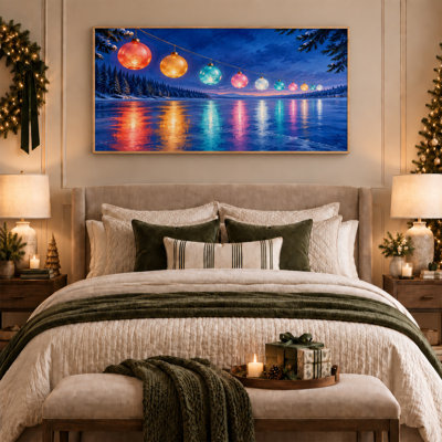 Toile de Noël ornements colorés sur un lac gelé au crépuscule
